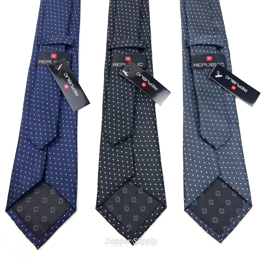 (Lot of 3) Republic‎ Blue Black Grry Polka Dot Textured Dress Ties New Hand Made